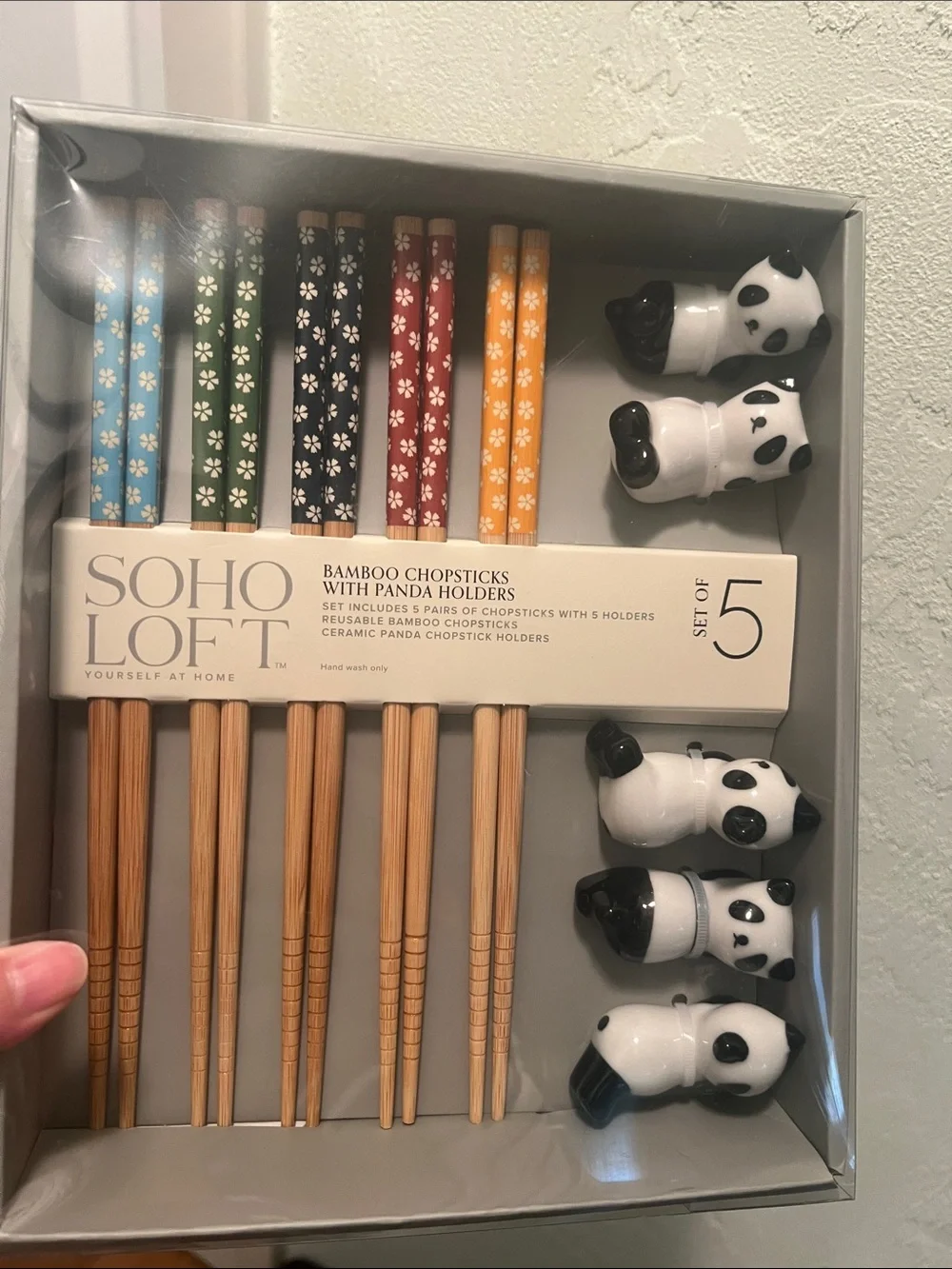 #2315*Soho Loft Bamboo Chopsticks Set W/Panda Holders - Colorful Floral Handles